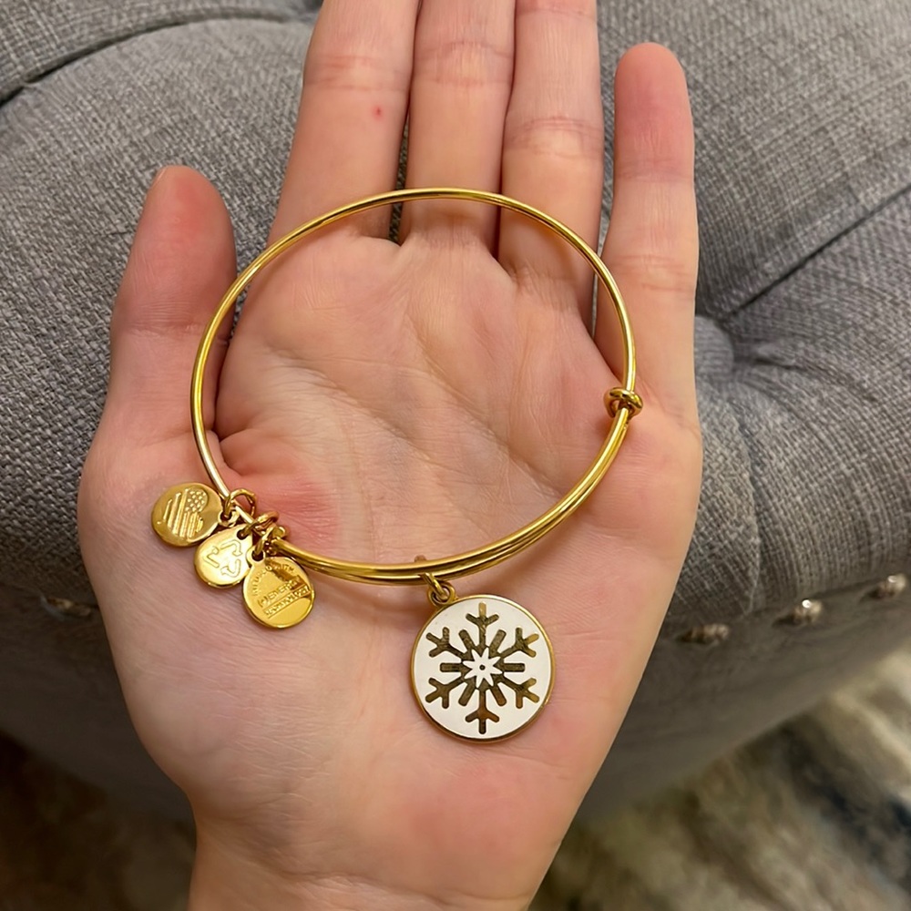 Alex and Ani Gold Bracelet with White Snowflake charm